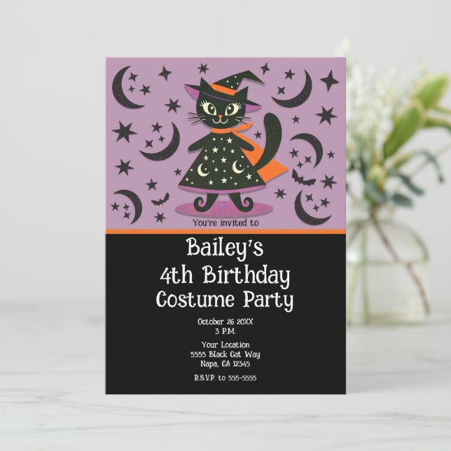 Invitación Black Cat Witch Purple Moon Stars Halloween Party (Anverso de pie)