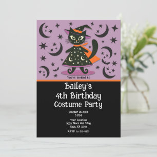 Invitación Black Cat Witch Purple Moon Stars Halloween Party