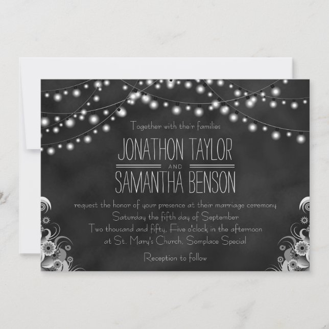 Invitación Black Chalkboard String Of Lights Wedds (Anverso)