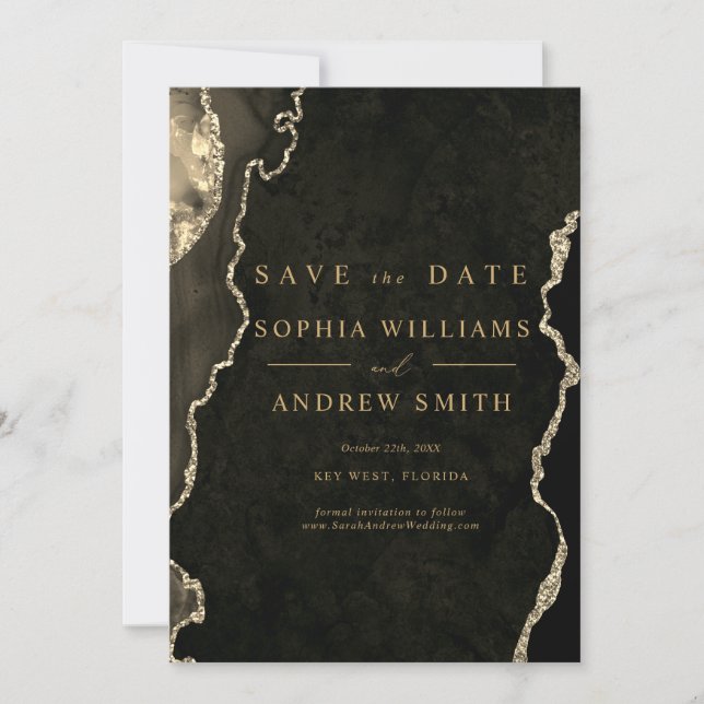 Invitación Black & Champagne Gold Modern Save the Date (Anverso)