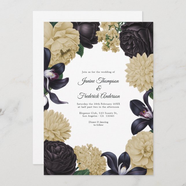 Invitación Black & Champagne Photo/QR Code Floral Wedding (Anverso / Reverso)