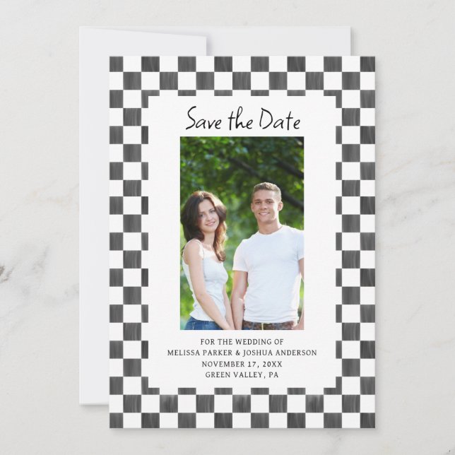 Invitación Black Checkerboard Photo Save the Date (Anverso)