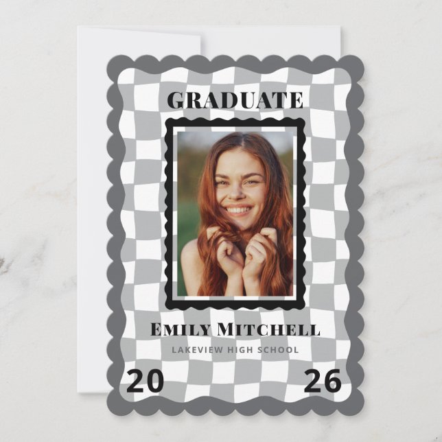 Invitación Black Checkered Grad Announcement with Photo (Anverso)