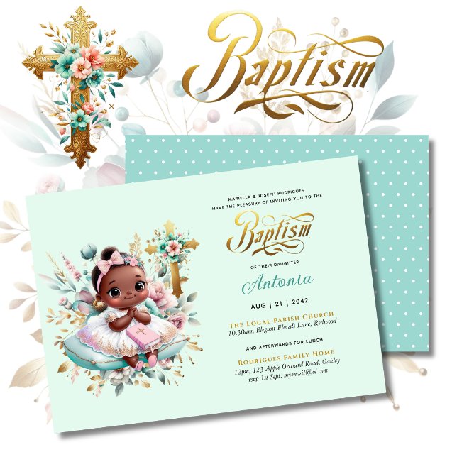 Invitación Black Chica BAPTISM Cruz Floral de oro rosa (Subido por el creador)