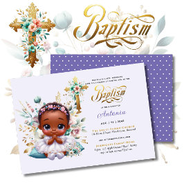 Invitación Black Chica BAPTISM Cruz Floral Purple Gold