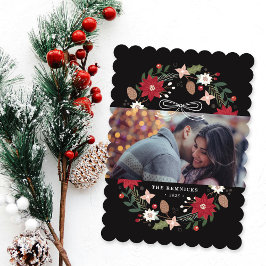 Invitación Black Christmas Wreath Floral Holiday Photo Card