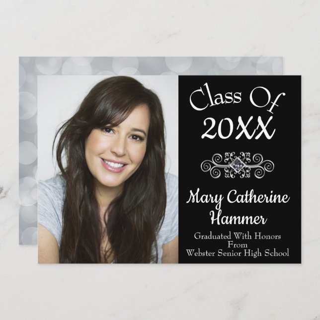 Invitación Black "Class of 20XX" Photo Grad (Anverso / Reverso)