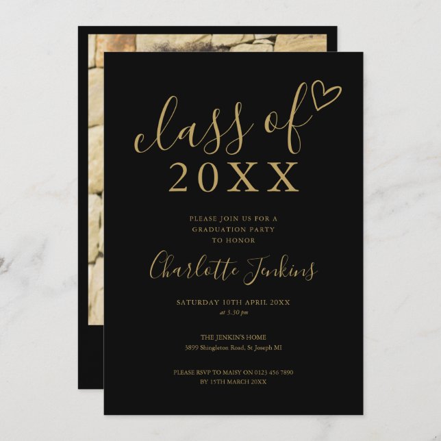 Invitación Black Class of Script Heart Photo Graduation Party (Anverso / Reverso)