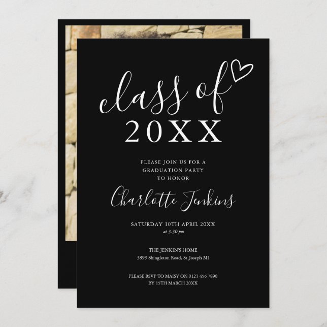 Invitación Black Class of Script Heart Photo Graduation Party (Anverso / Reverso)