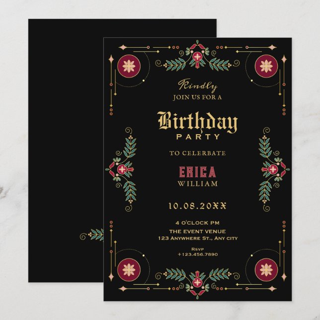 Invitación Black classic floral birthday (Anverso / Reverso)