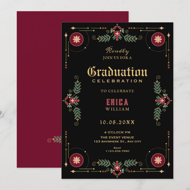 Invitación Black classic floral graduation (Anverso / Reverso)