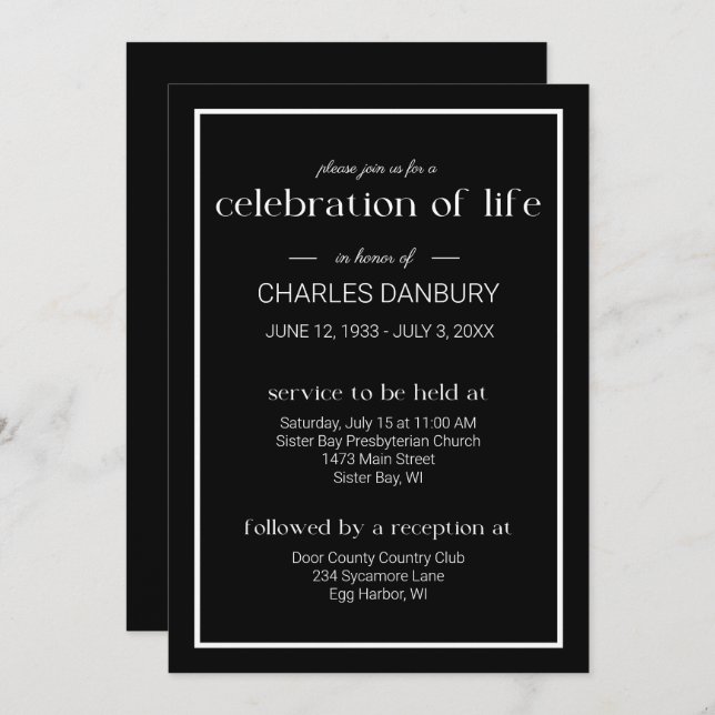 Invitación Black Classic Funeral Celebration of Life (Anverso / Reverso)