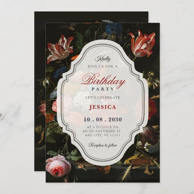 Invitación Black classic vintage floral bouquet birthday (Anverso / Reverso)