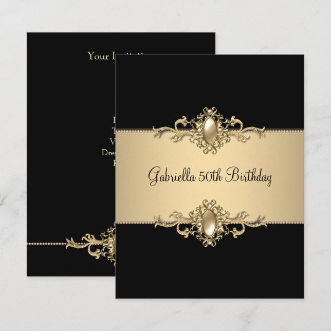 Invitación Black Coffee Trim 50th Birthday Party Pearl (Anverso / Reverso)