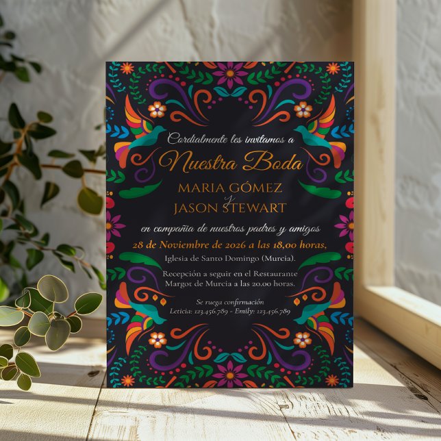 Invitación Black Colorful Floral Nuestra Boda Spanish Wedding (Black Colorful Floral Nuestra Boda Spanish Wedding Invitation)