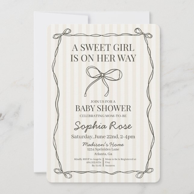 Invitación Black Coquette Bow Beige Strige Baby Shower (Anverso)