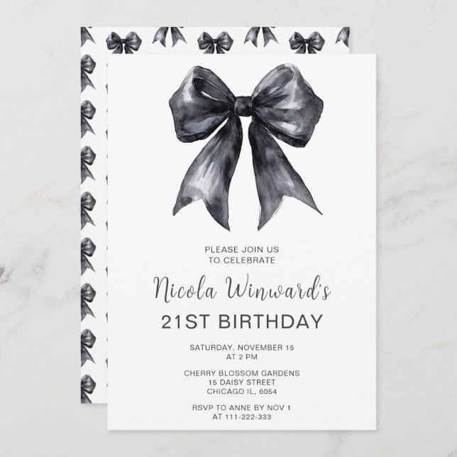 Invitación Black Coquette Bow Birday Party (Anverso / Reverso)