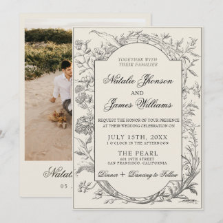 Invitación Black Cream Floral Boho Botanical Modern Wedding
