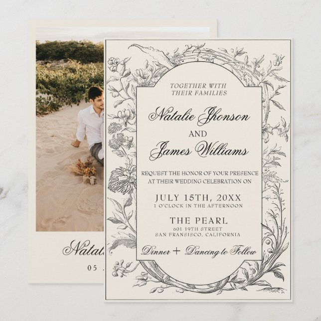 Invitación Black Cream Floral Boho Botanical Modern Wedding (Anverso / Reverso)