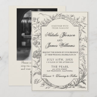 Invitación Black Cream Floral Botanical QR Code Photo Wedding