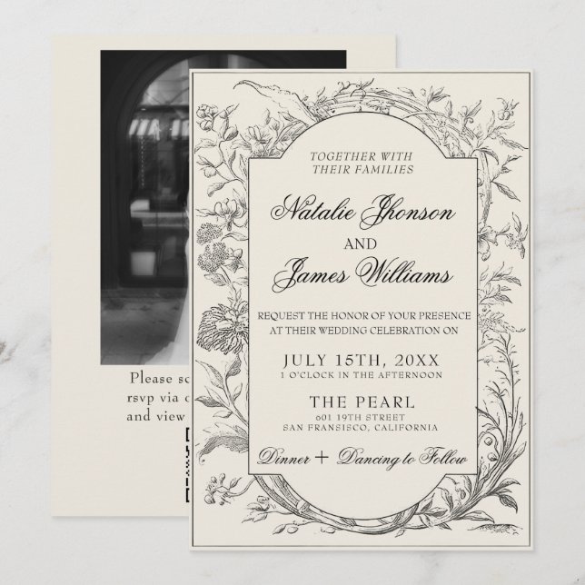 Invitación Black Cream Floral Botanical QR Code Photo Wedding (Anverso / Reverso)