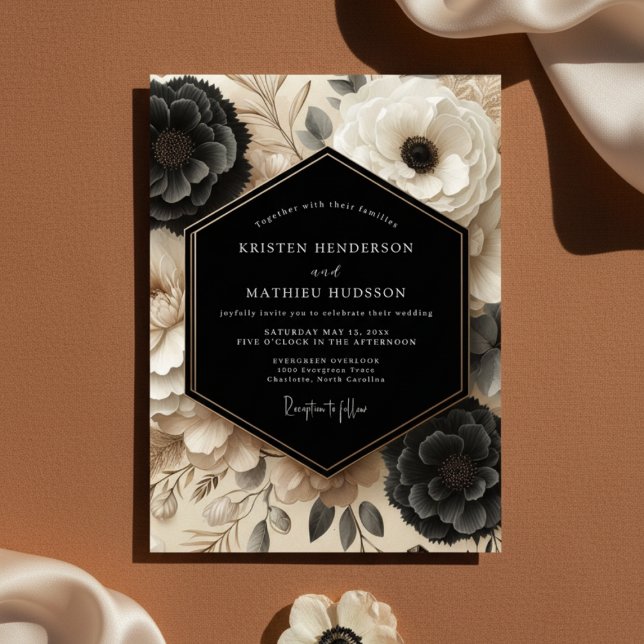 Invitación Black Cream Floral Opulent Wedding (Subido por el creador)