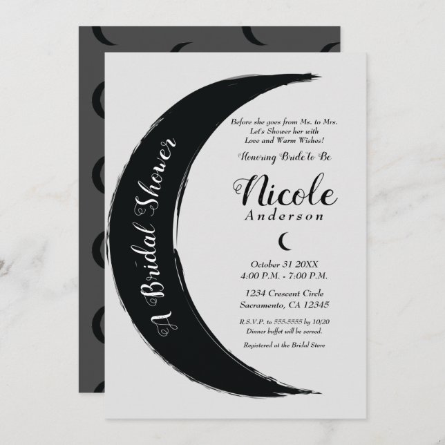 Invitación Black Crescent Dark Moon Celestial Bridal Shower (Anverso / Reverso)