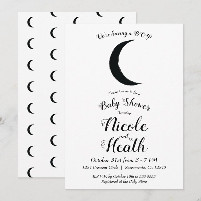 Invitación Black Crescent Moon Astrología Zodiac Baby Shower (Anverso / Reverso)