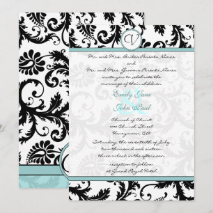 Invitación Black Damask Aqua Blue Wedding Invitation