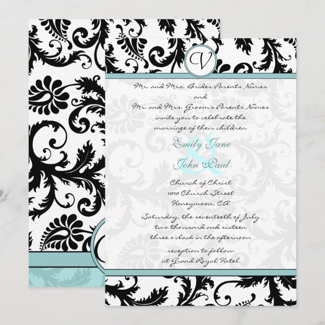 Invitación Black Damask Aqua Blue Wedding Invitation (Anverso / Reverso)