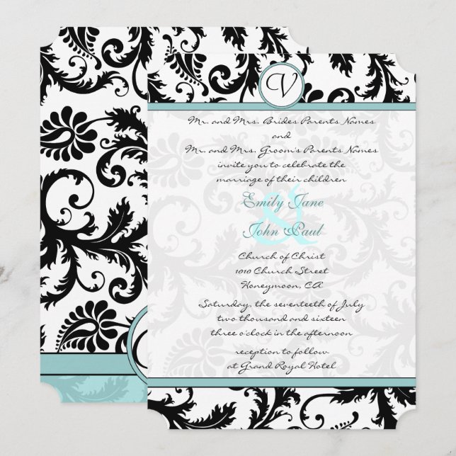 Invitación Black Damask Aqua Blue Wedding Invitation (Anverso / Reverso)