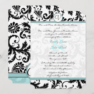 Invitación Black Damask Aqua Blue Wedding Invitation