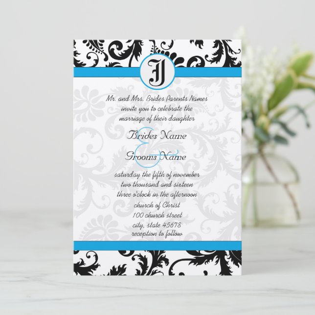 Invitación Black Damask Aquamarine Trim Wedding Invitations (Anverso de pie)