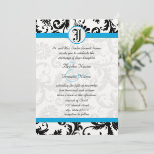 Invitación Black Damask Aquamarine Trim Wedding Invitations