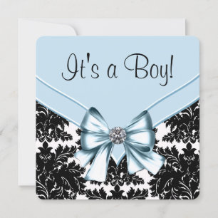 Invitación Black Damask Blue and Black Baby Shower