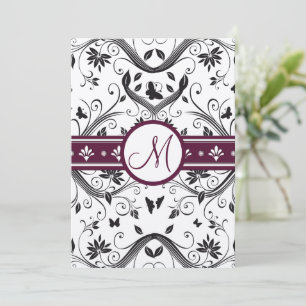 Invitación Black Damask Butterfly Swirls Plum Wedding Invita