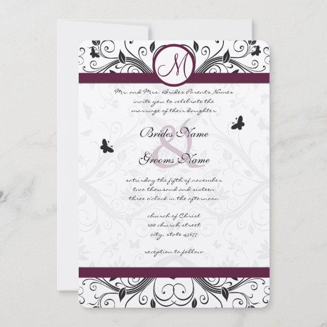 Invitación Black Damask Butterfly Swirls Plum Wedding Invita (Reverso)