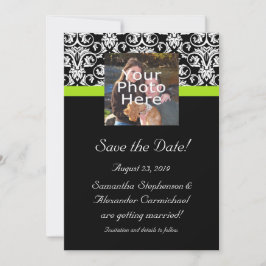 Invitación Black Damask Chartreuse Green Photo Save the Date