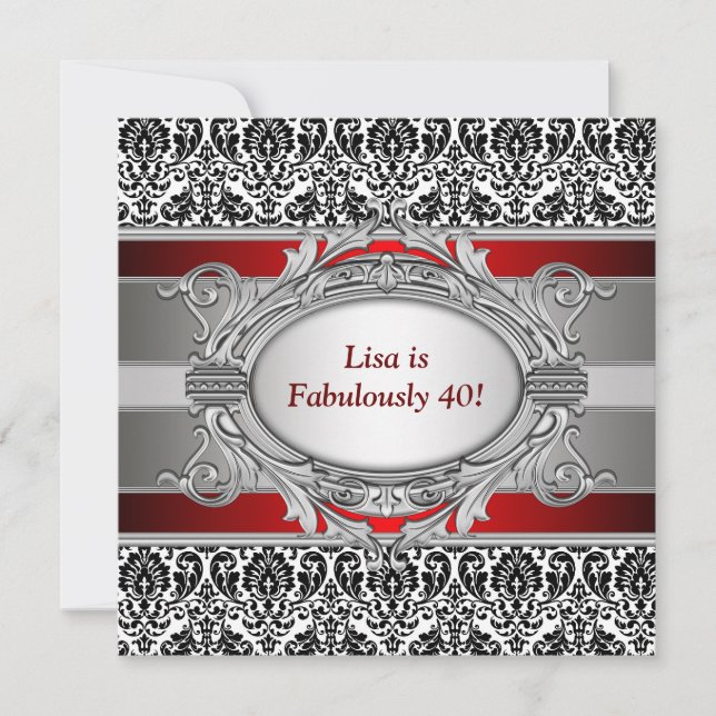 Invitación Black Damask Fabulous the Birthday Fiesta (Anverso)