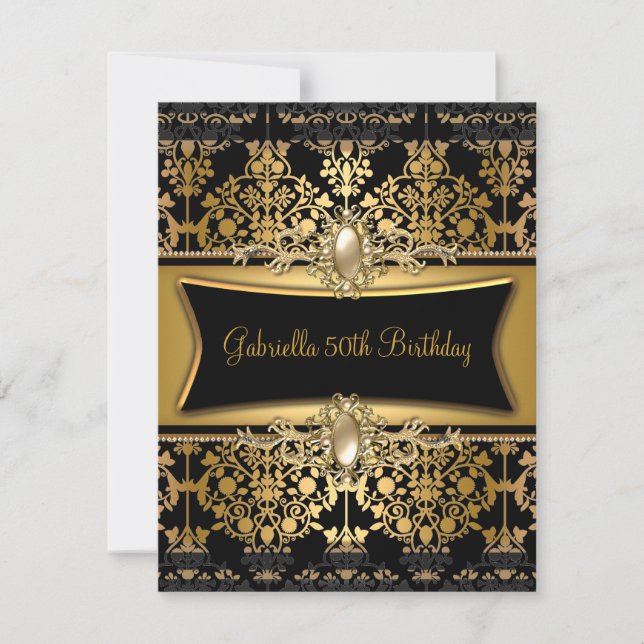 Invitación Black Damask Gold 50 Birthday Party Pearl (Anverso)