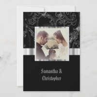 Black damask gothic wedding photo invitation