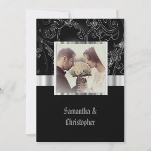 Invitación Black damask gothic wedding photo invitation