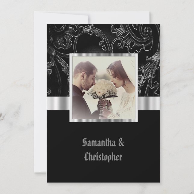 Invitación Black damask gothic wedding photo invitation (Reverso)