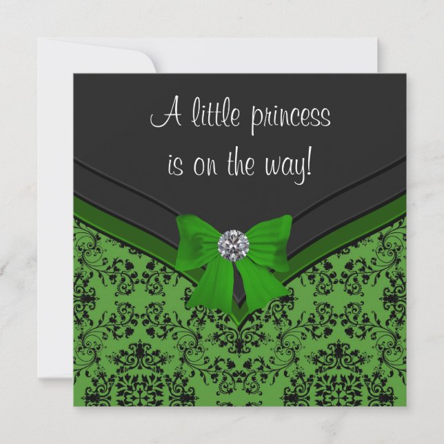 Invitación Black Damask Green Bow Princess Baby Shower (Anverso)
