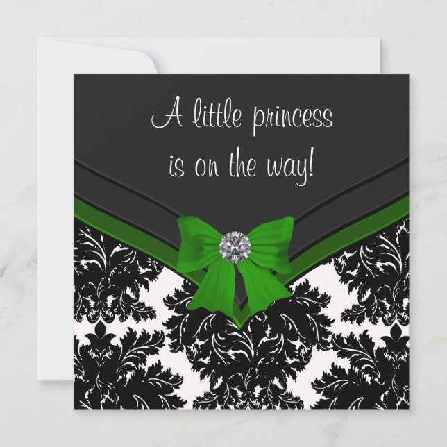 Invitación Black Damask Green Bow Princess Baby Shower (Anverso)