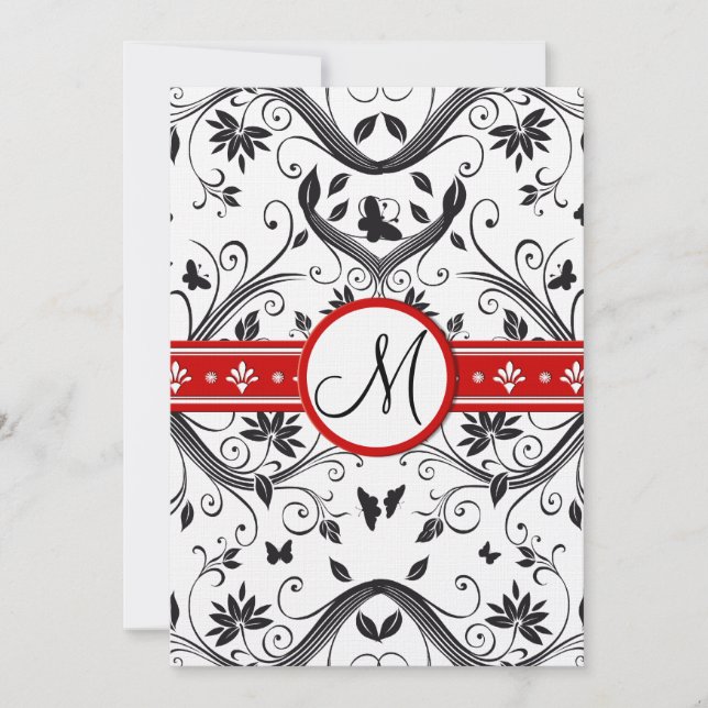 Invitación Black Damask Mariposa Swirls Boda Roja Invita (Anverso)