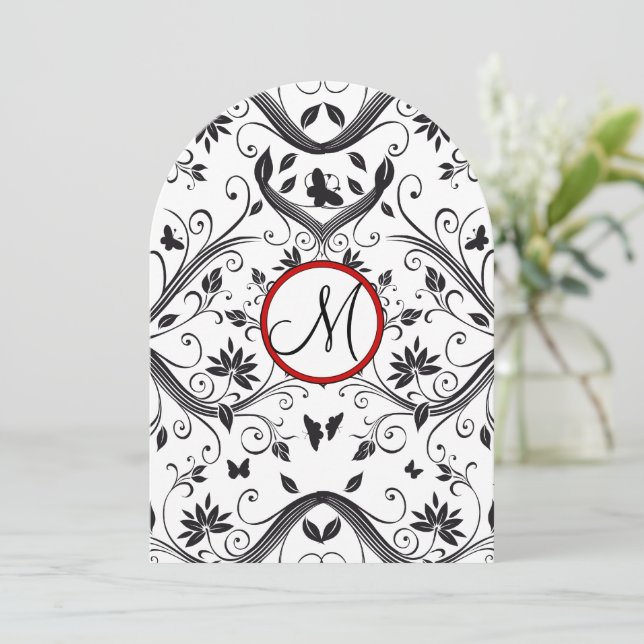 Invitación Black Damask Mariposa Swirls Boda Roja Invita (Anverso de pie)
