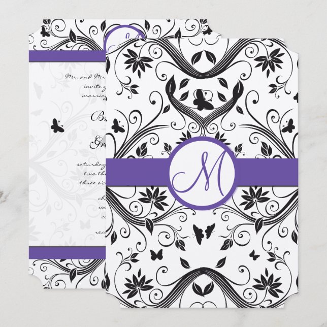 Invitación Black Damask Mariposa Swirls Boda Roja Invita (Anverso / Reverso)