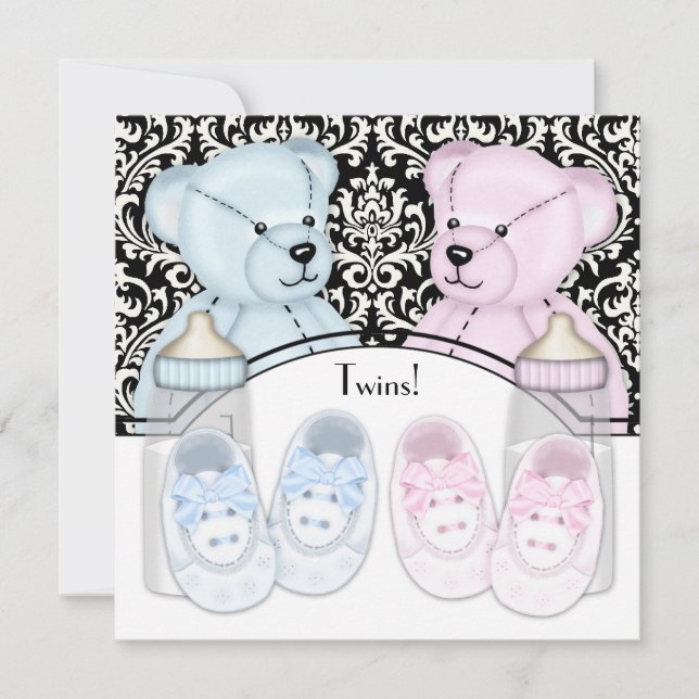 Invitación Black Damask Pink Blue Teddy Bear Twin Baby Shower (Anverso)