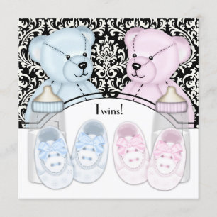Invitación Black Damask Pink Blue Teddy Bear Twin Baby Shower